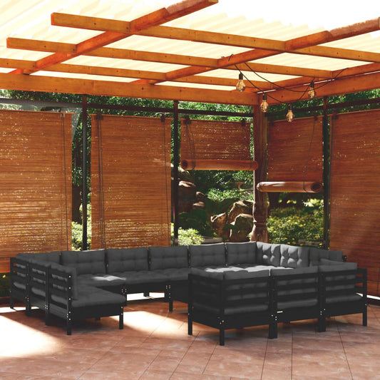 14-tlg. Garten-Lounge-Set mit Kissen Schwarz Kiefernholz 118319