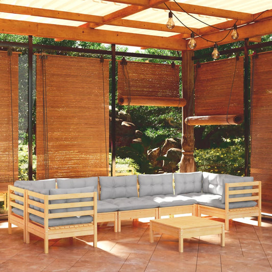 8-tlg. Garten-Lounge-Set mit Grauen Kissen Kiefernholz 106638