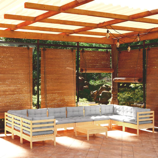 11-tlg. Garten-Lounge-Set mit Grauen Kissen Kiefernholz 112884