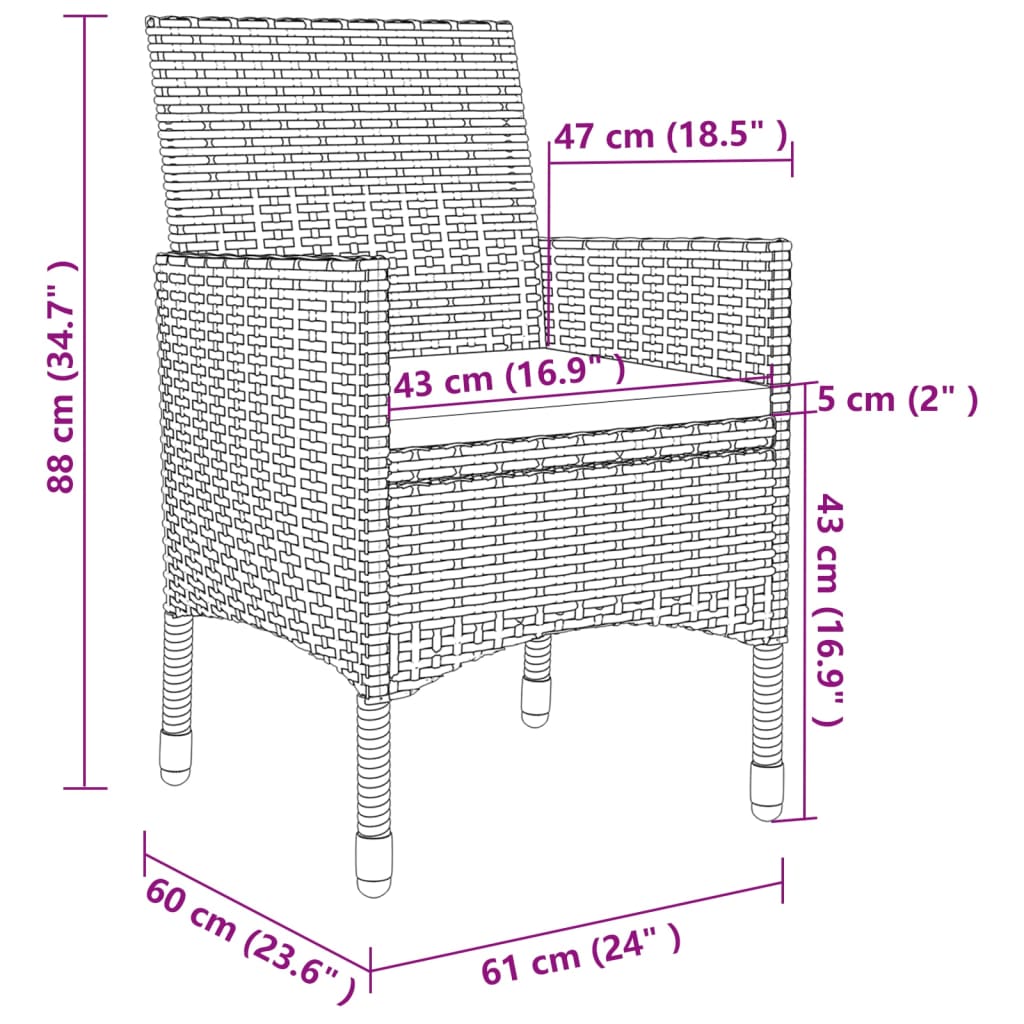 3-tlg. Garten-Essgruppe mit Auflagen Poly Rattan und Glas 120859