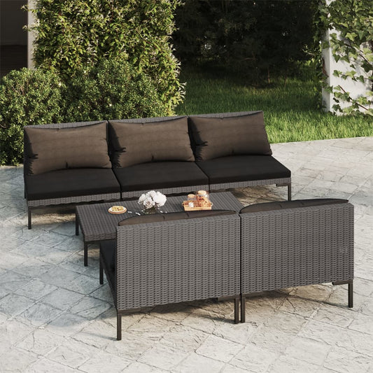 6-tlg. Garten-Lounge-Set mit Kissen Poly Rattan Dunkelgrau 98271