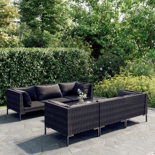 7-tlg. Garten-Lounge-Set mit Kissen Poly Rattan Dunkelgrau 108657