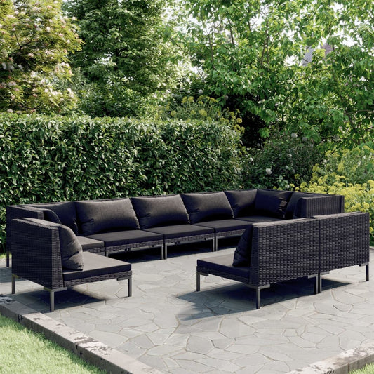 9-tlg. Garten-Lounge-Set mit Kissen Poly Rattan Dunkelgrau 113106