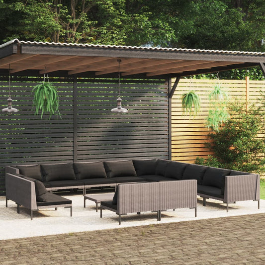 14-tlg. Garten-Lounge-Set mit Auflagen Poly Rattan Dunkelgrau 99982