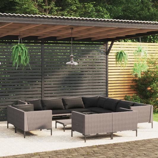 12-tlg. Garten-Lounge-Set mit Auflagen Poly Rattan Dunkelgrau 116765