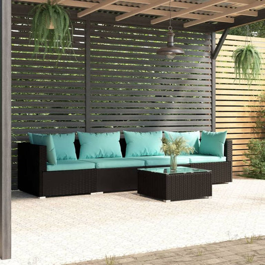 5-tlg. Garten-Lounge-Set mit Kissen Poly Rattan Schwarz 96412