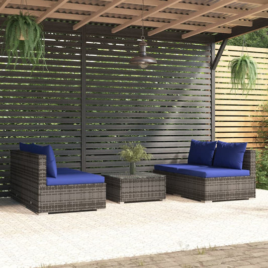 5-tlg. Garten-Lounge-Set mit Kissen Poly Rattan Grau 109306