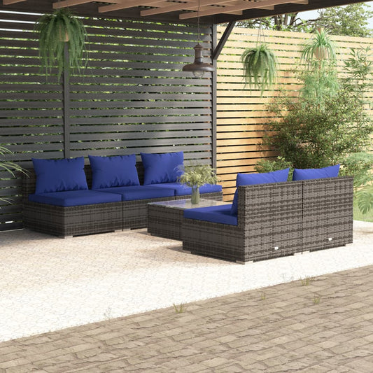 6-tlg. Garten-Lounge-Set mit Kissen Poly Rattan Grau 98285