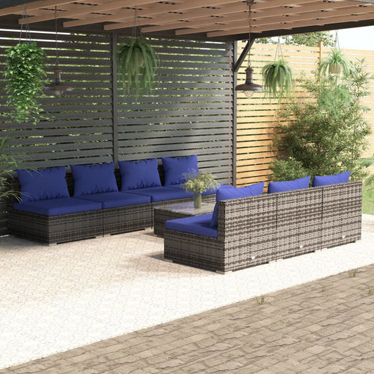 8-tlg. Garten-Lounge-Set mit Kissen Poly Rattan Grau 98289