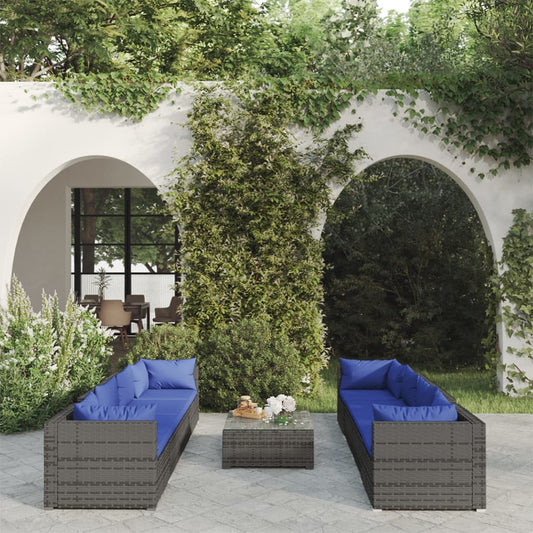 9-tlg. Garten-Lounge-Set mit Kissen Poly Rattan Grau 98297