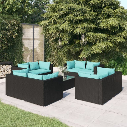 9-tlg. Garten-Lounge-Set mit Kissen Poly Rattan Schwarz 96413