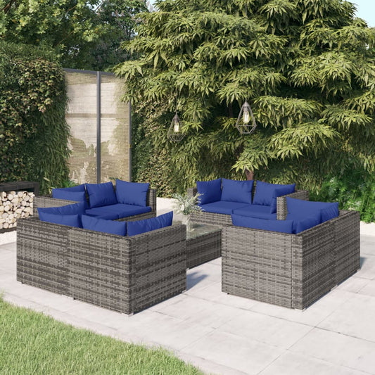 9-tlg. Garten-Lounge-Set mit Kissen Poly Rattan Grau 98292