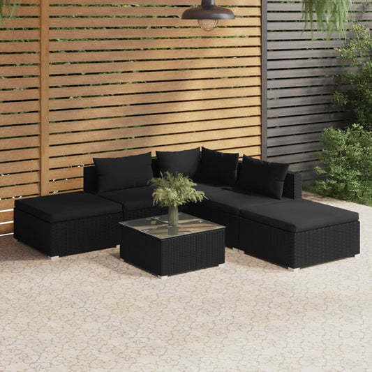 6-tlg. Garten-Lounge-Set mit Kissen Poly Rattan Schwarz 114145