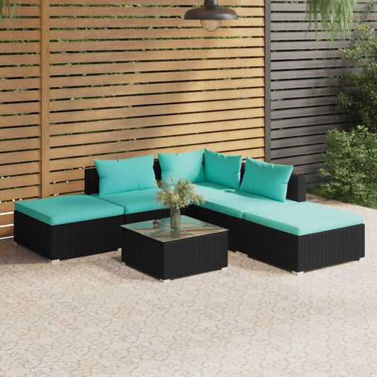 6-tlg. Garten-Lounge-Set mit Kissen Poly Rattan Schwarz 109284