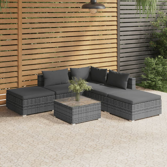 6-tlg. Garten-Lounge-Set mit Kissen Poly Rattan Grau 109787