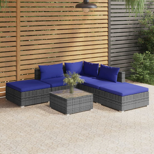 6-tlg. Garten-Lounge-Set mit Kissen Poly Rattan Grau 98305