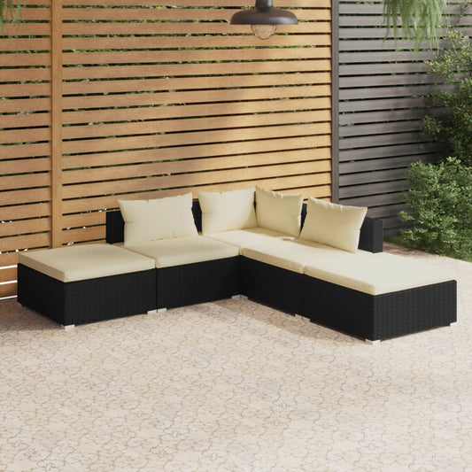 5-tlg. Garten-Lounge-Set mit Kissen Poly Rattan Schwarz 120348