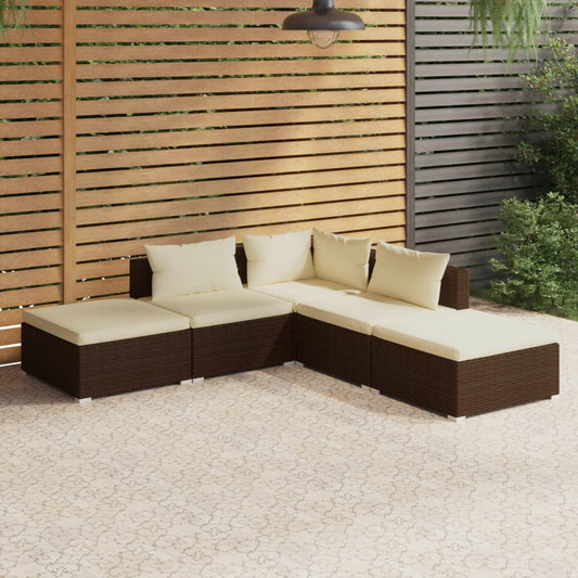 5-tlg. Garten-Lounge-Set mit Kissen Poly Rattan Braun 120221