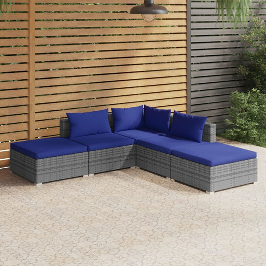 5-tlg. Garten-Lounge-Set mit Kissen Poly Rattan Grau 98306