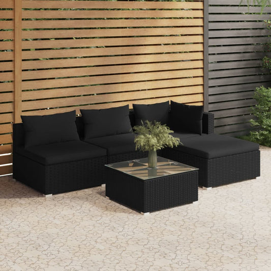 5-tlg. Garten-Lounge-Set mit Kissen Poly Rattan Schwarz 120002