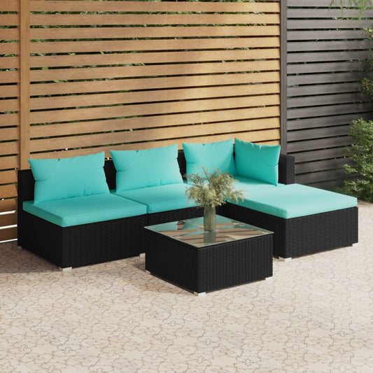 5-tlg. Garten-Lounge-Set mit Kissen Poly Rattan Schwarz 109281