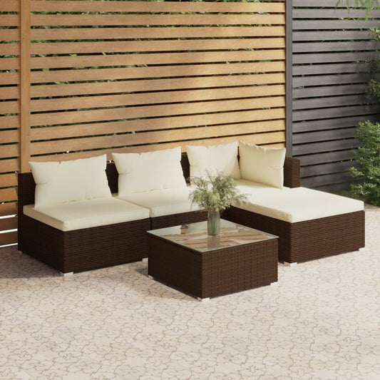 5-tlg. Garten-Lounge-Set mit Kissen Poly Rattan Braun 116679