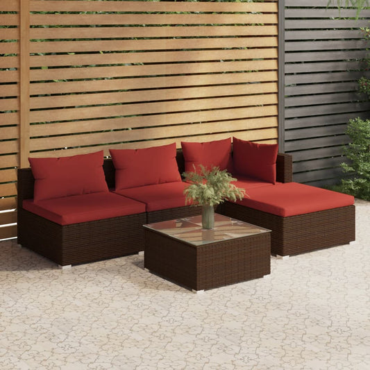 5-tlg. Garten-Lounge-Set mit Kissen Poly Rattan Braun 102611