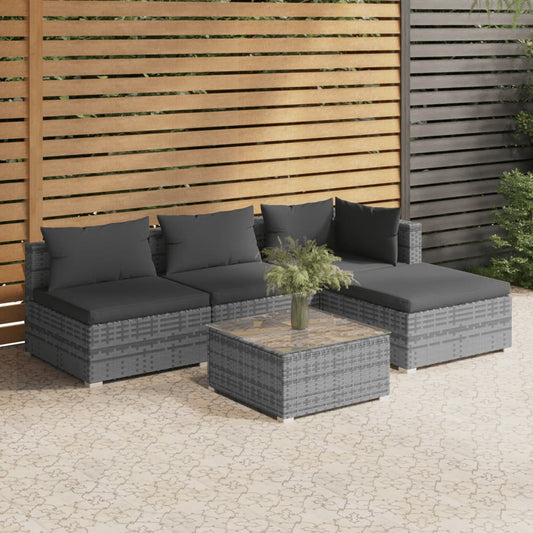 5-tlg. Garten-Lounge-Set mit Kissen Poly Rattan Grau 119492