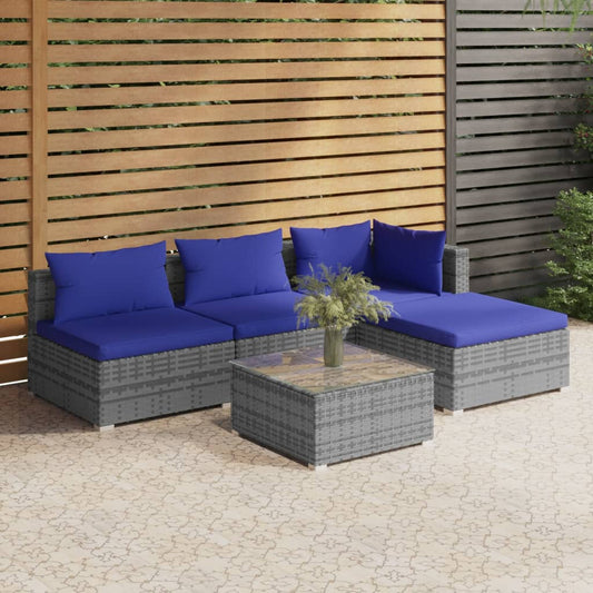 5-tlg. Garten-Lounge-Set mit Kissen Poly Rattan Grau 98307