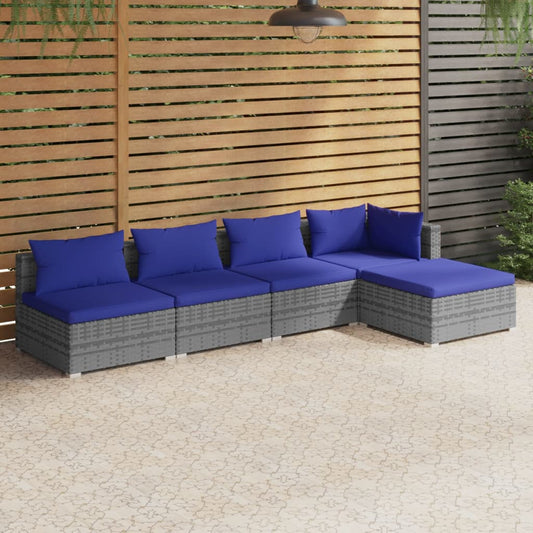 5-tlg. Garten-Lounge-Set mit Kissen Poly Rattan Grau 98308