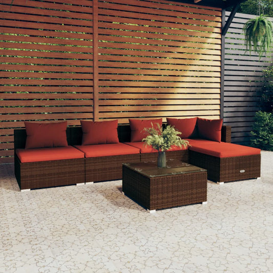 6-tlg. Garten-Lounge-Set mit Kissen Poly Rattan Braun 120869