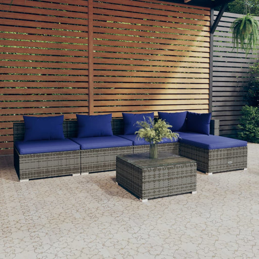 6-tlg. Garten-Lounge-Set mit Kissen Poly Rattan Grau 120881