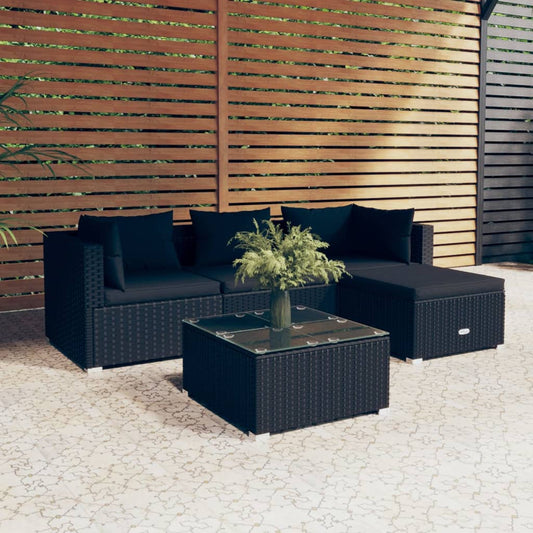 5-tlg. Garten-Lounge-Set mit Kissen Poly Rattan Schwarz 110633