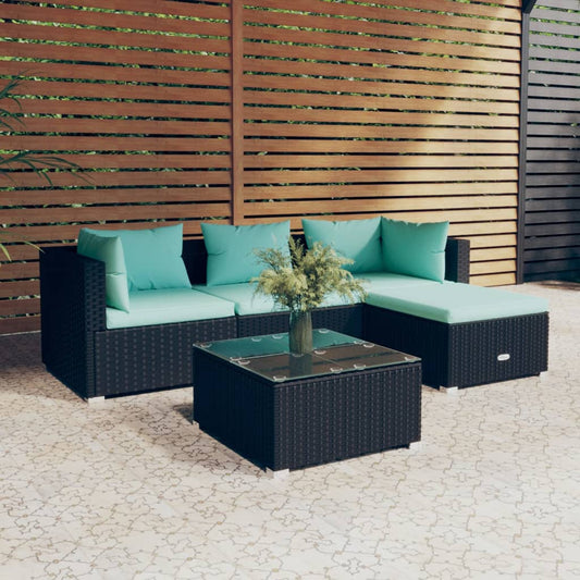 5-tlg. Garten-Lounge-Set mit Kissen Poly Rattan Schwarz 99258