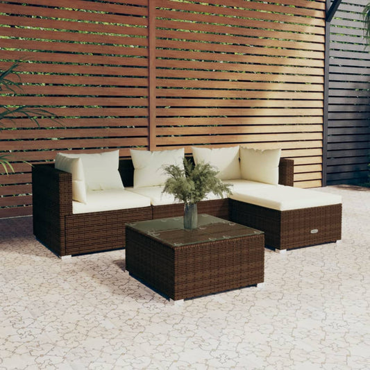 5-tlg. Garten-Lounge-Set mit Kissen Poly Rattan Braun 108014