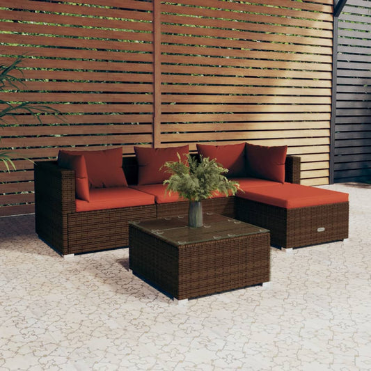 5-tlg. Garten-Lounge-Set mit Kissen Poly Rattan Braun 99296