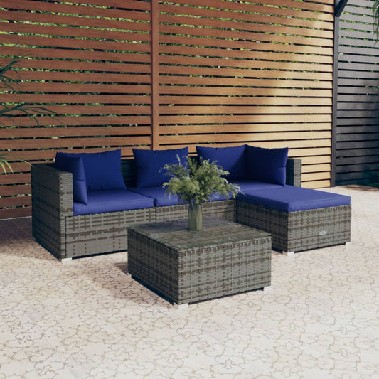 5-tlg. Garten-Lounge-Set mit Kissen Poly Rattan Grau 102614