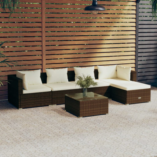 6-tlg. Garten-Lounge-Set mit Kissen Poly Rattan Braun 107954