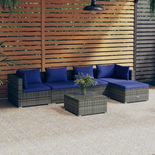 6-tlg. Garten-Lounge-Set mit Kissen Poly Rattan Grau 102613