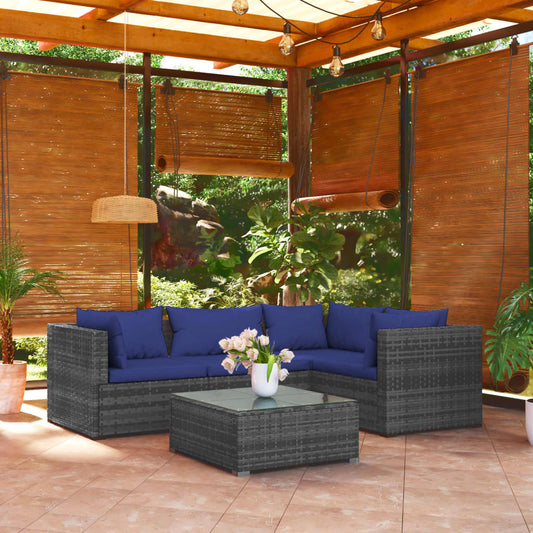 5-tlg. Garten-Lounge-Set mit Kissen Poly Rattan Grau 98314