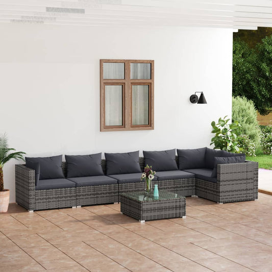 7-tlg. Garten-Lounge-Set mit Kissen Poly Rattan Grau 115364