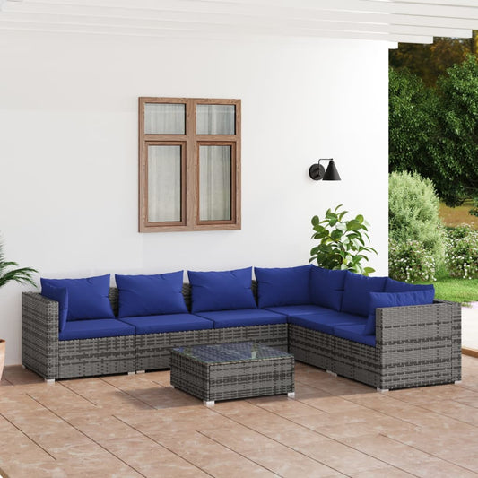 7-tlg. Garten-Lounge-Set mit Kissen Poly Rattan Grau 98326