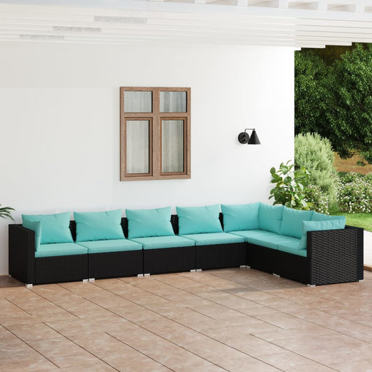 7-tlg. Garten-Lounge-Set mit Kissen Poly Rattan Schwarz 116530