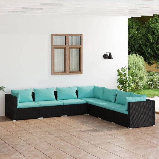 7-tlg. Garten-Lounge-Set mit Kissen Poly Rattan Schwarz 96071