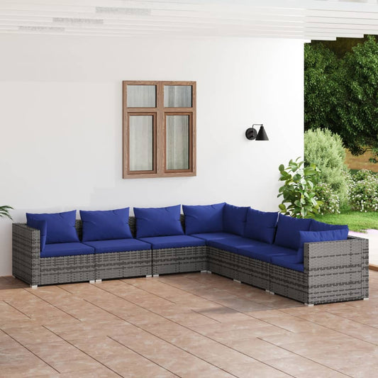 7-tlg. Garten-Lounge-Set mit Kissen Poly Rattan Grau 120005