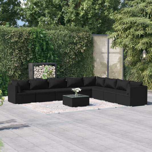 9-tlg. Garten-Lounge-Set mit Kissen Poly Rattan Schwarz 113526