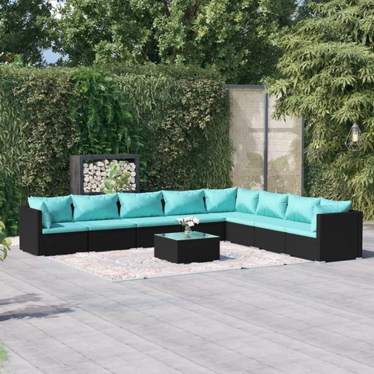 9-tlg. Garten-Lounge-Set mit Kissen Poly Rattan Schwarz 104321