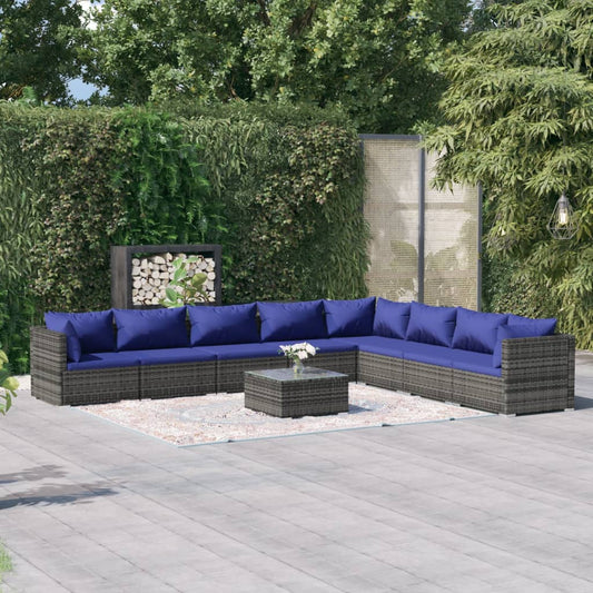 9-tlg. Garten-Lounge-Set mit Kissen Poly Rattan Grau 98336