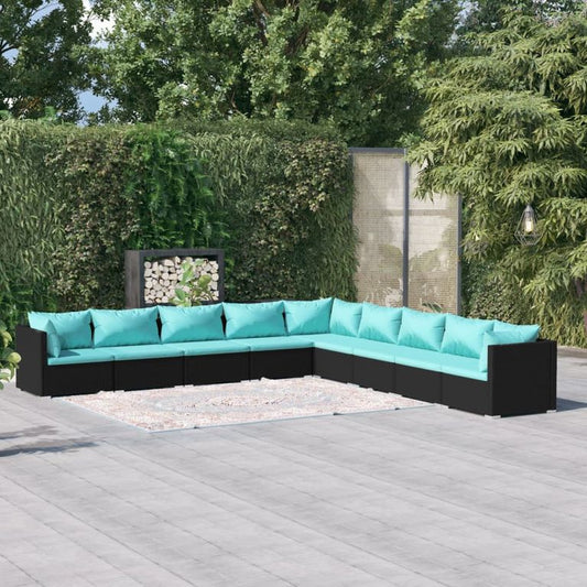 9-tlg. Garten-Lounge-Set mit Kissen Poly Rattan Schwarz 95048