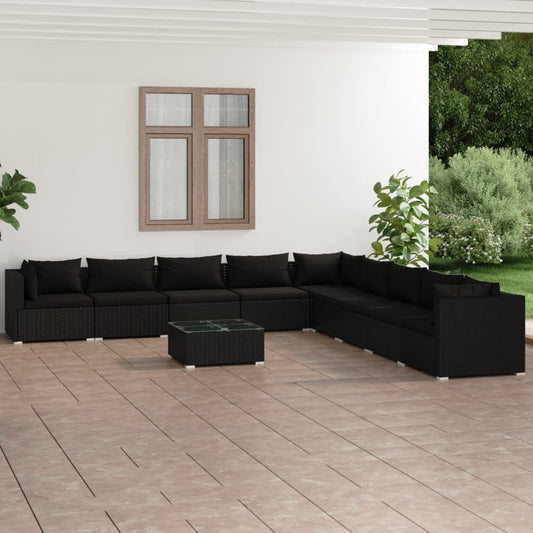 10-tlg. Garten-Lounge-Set mit Kissen Poly Rattan Schwarz 109606